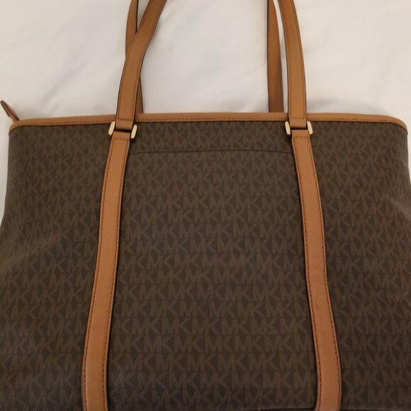 Michael Kors Signature MK Brown & Tan Large Tote Purse - Picture 3 of 14
